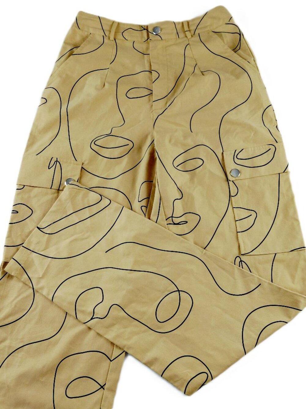 Boohoo Abstract Face Print Cargo Pant Women's Size 2 Tan Black Pockets